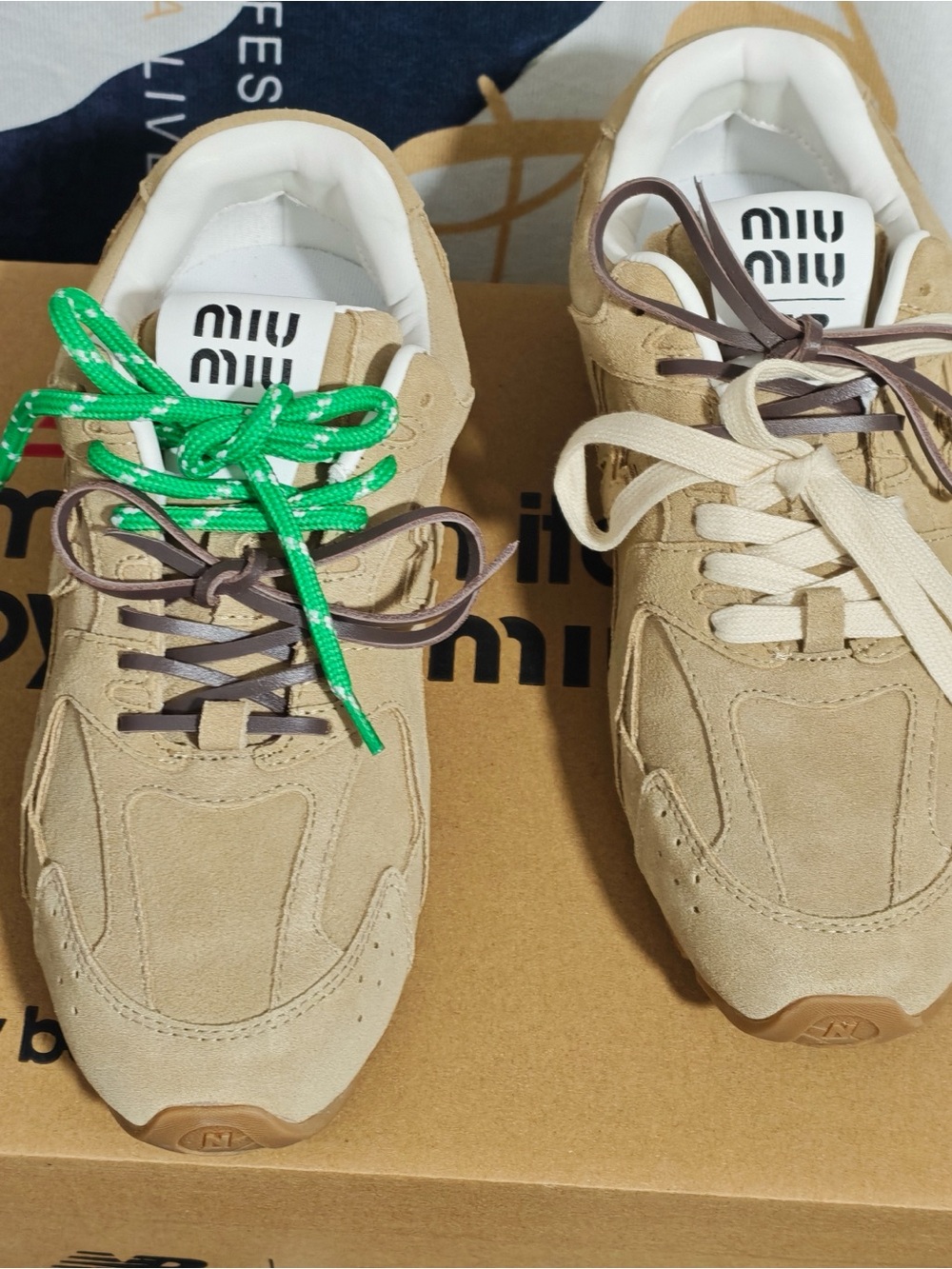 Miu Miu Beige Suede Kids Sneakers with Green, Brown & Cream Laces - Picture 6 of 6